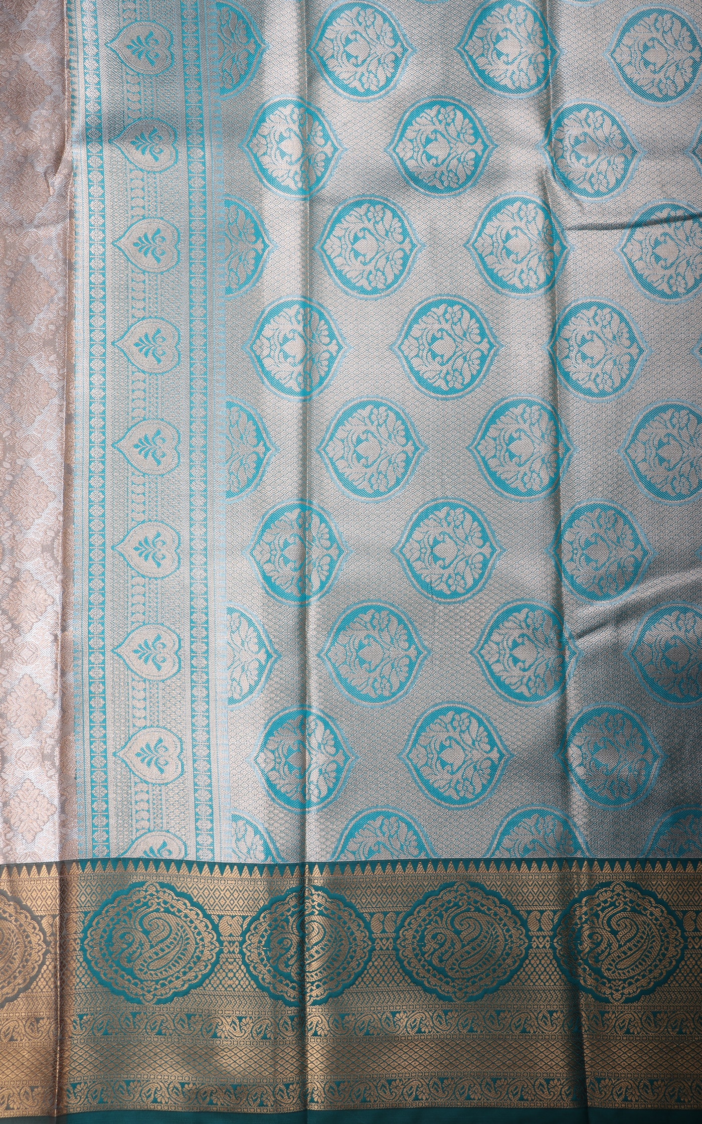 Vichitra Silk Saree Pastel Grey and Green Shade with Allover Zari Brocade Weaves and Zari Woven Border