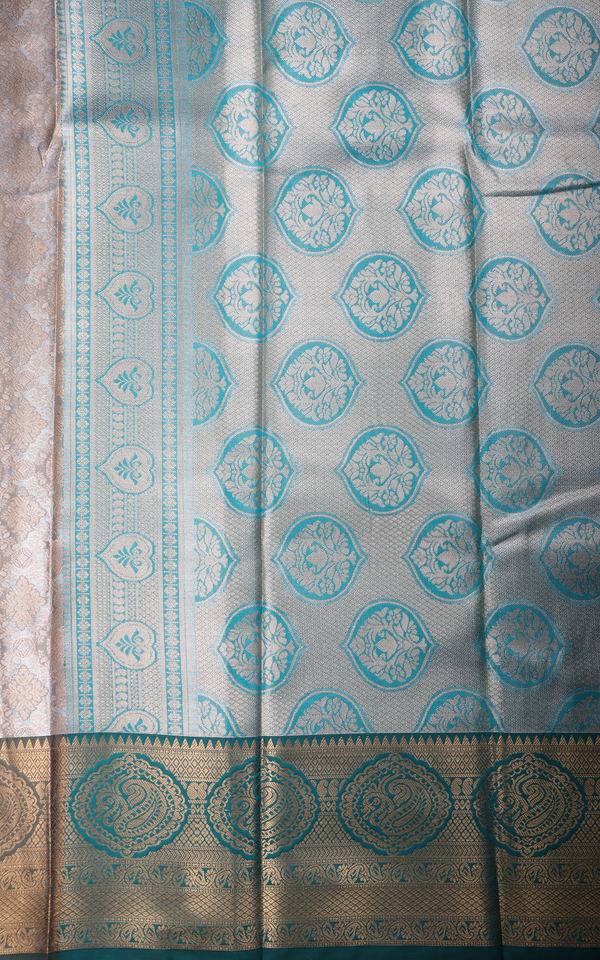 Vichitra Silk Saree Pastel Grey and Green Shade with Allover Zari Brocade Weaves and Zari Woven Border