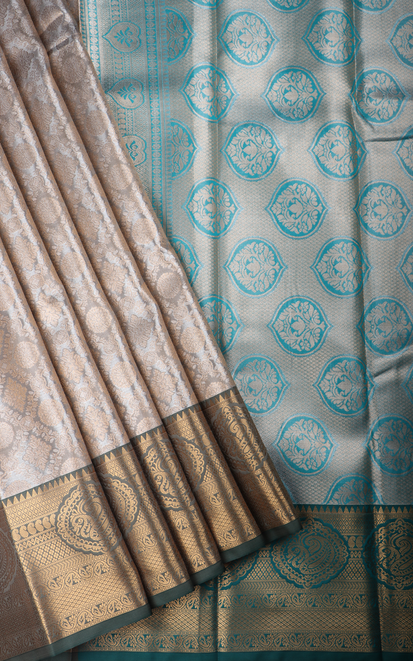 Vichitra Silk Saree Pastel Grey and Green Shade with Allover Zari Brocade Weaves and Zari Woven Border