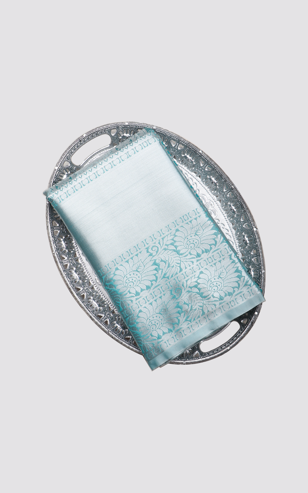 Vichitra Silk Saree Pastel Teal Blue with Allover Zari Brocade Weaves & Zari Woven Border