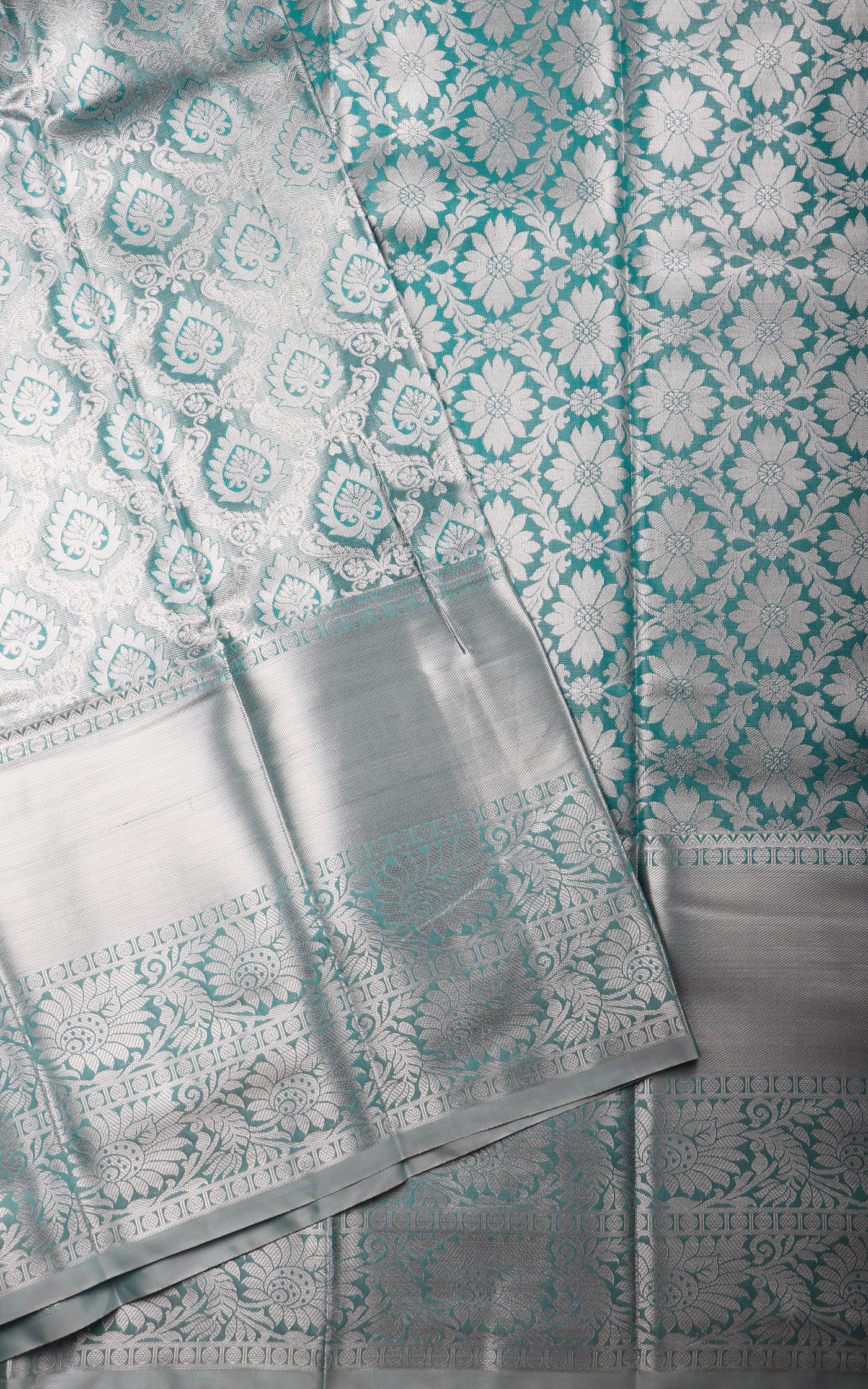 Vichitra Silk Saree Pastel Teal Blue with Allover Zari Brocade Weaves & Zari Woven Border