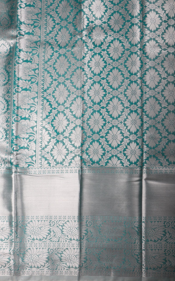 Vichitra Silk Saree Pastel Teal Blue with Allover Zari Brocade Weaves & Zari Woven Border
