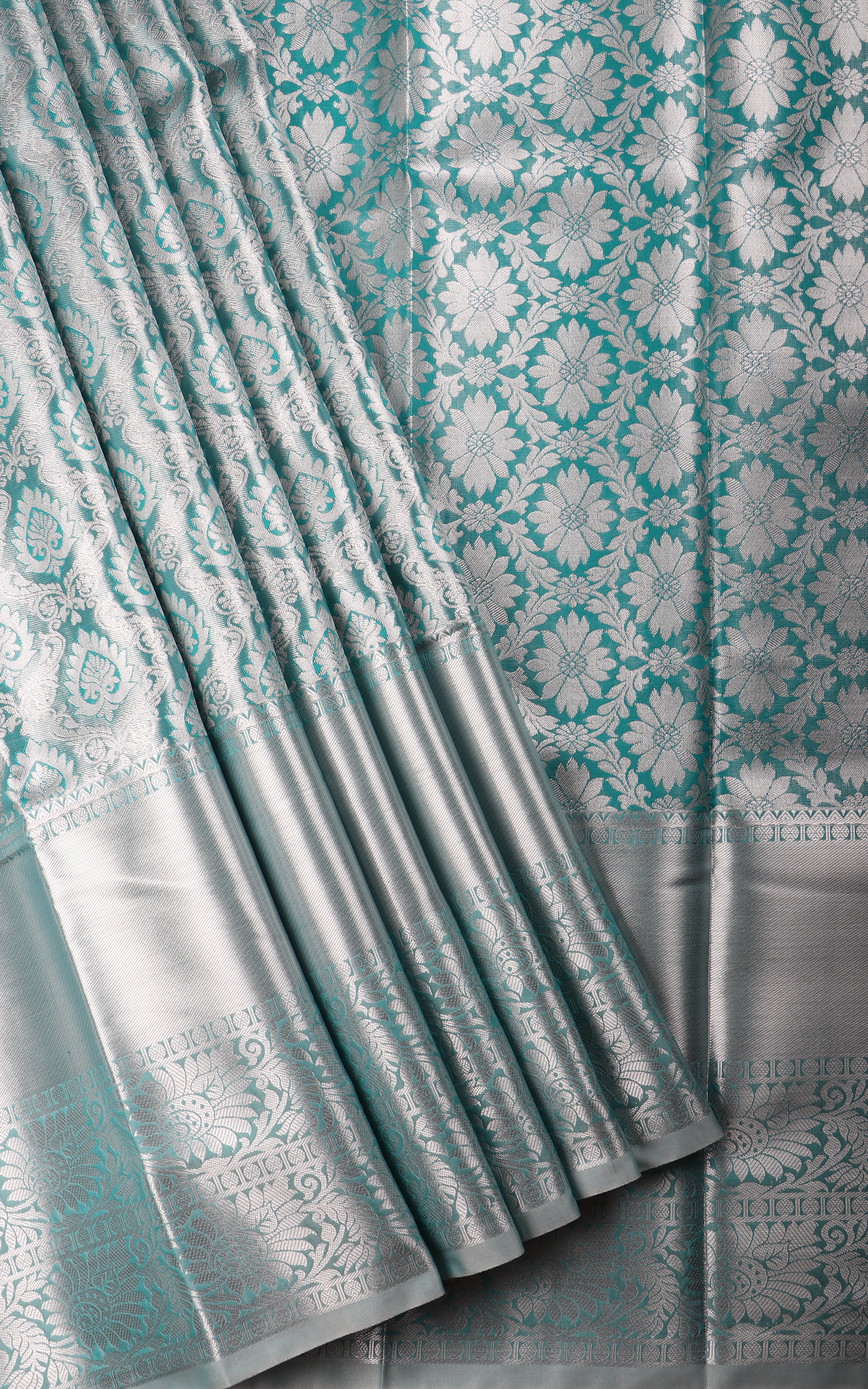 Vichitra Silk Saree Pastel Teal Blue with Allover Zari Brocade Weaves & Zari Woven Border