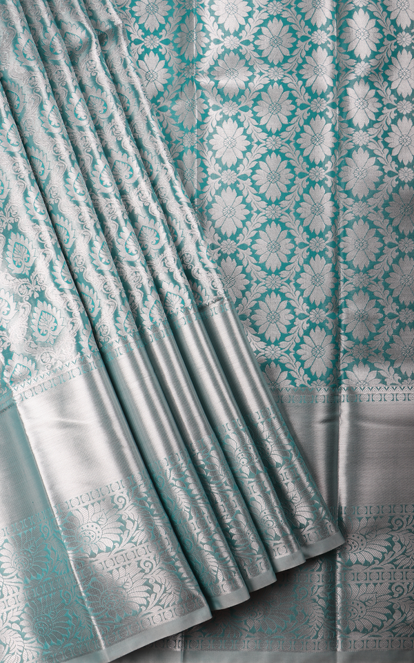 Vichitra Silk Saree Pastel Teal Blue with Allover Zari Brocade Weaves & Zari Woven Border