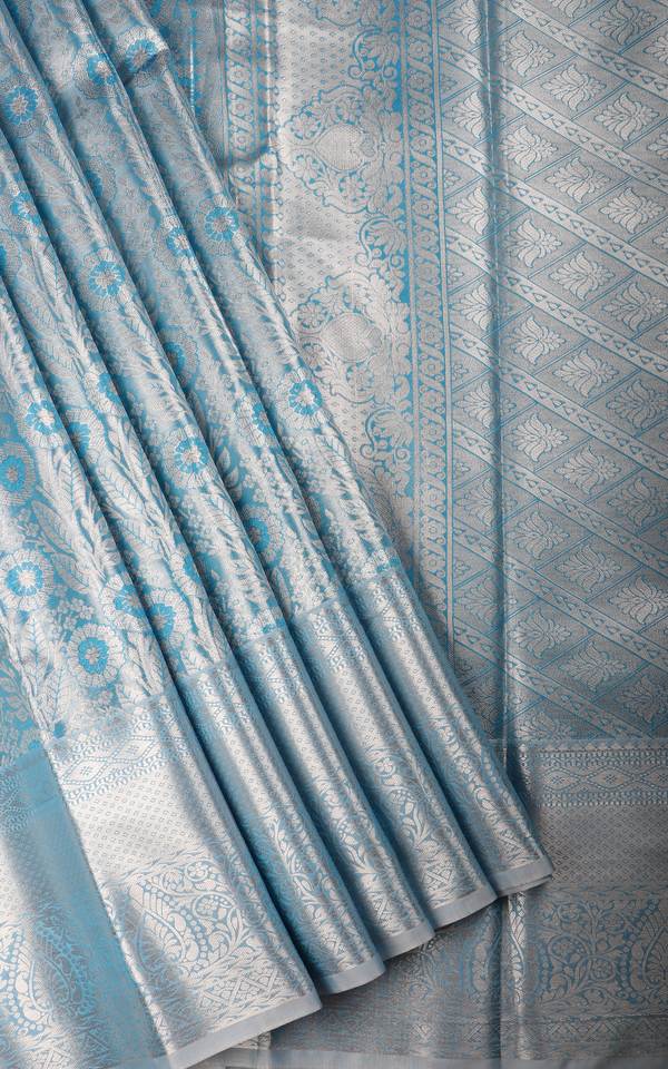 Vichitra Silk Saree Pastel Blue with Allover Zari Brocade Weaves & Zari Woven Border