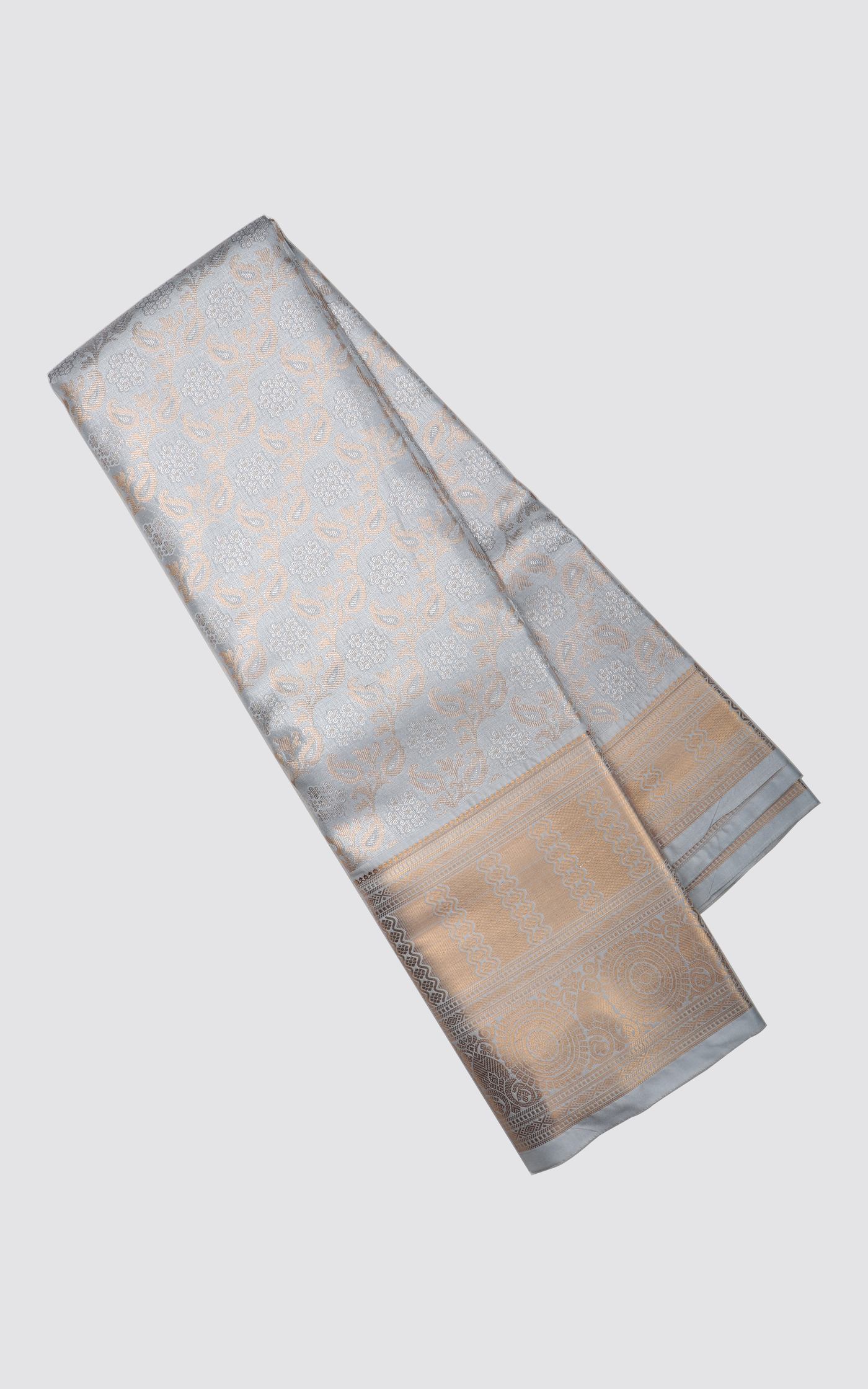 Vichitra Silk Saree Pastel Grey and Gold Shade with Allover Zari Brocade Weaves & Zari Woven Border