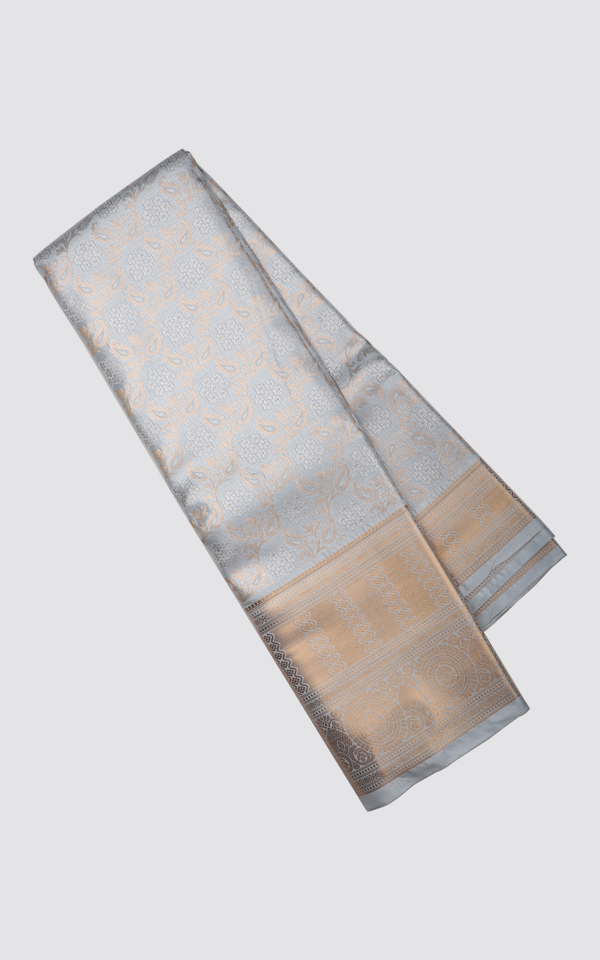 Vichitra Silk Saree Pastel Grey and Gold Shade with Allover Zari Brocade Weaves & Zari Woven Border