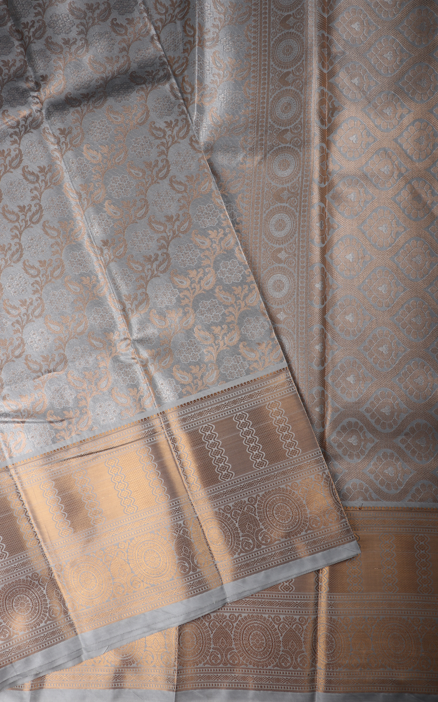 Vichitra Silk Saree Pastel Grey and Gold Shade with Allover Zari Brocade Weaves & Zari Woven Border