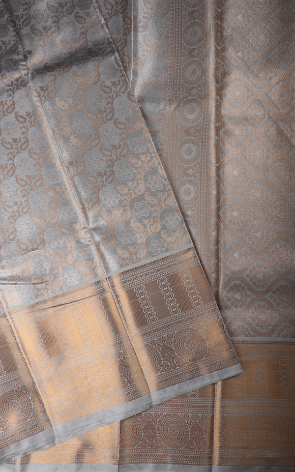 Vichitra Silk Saree Pastel Grey and Gold Shade with Allover Zari Brocade Weaves & Zari Woven Border