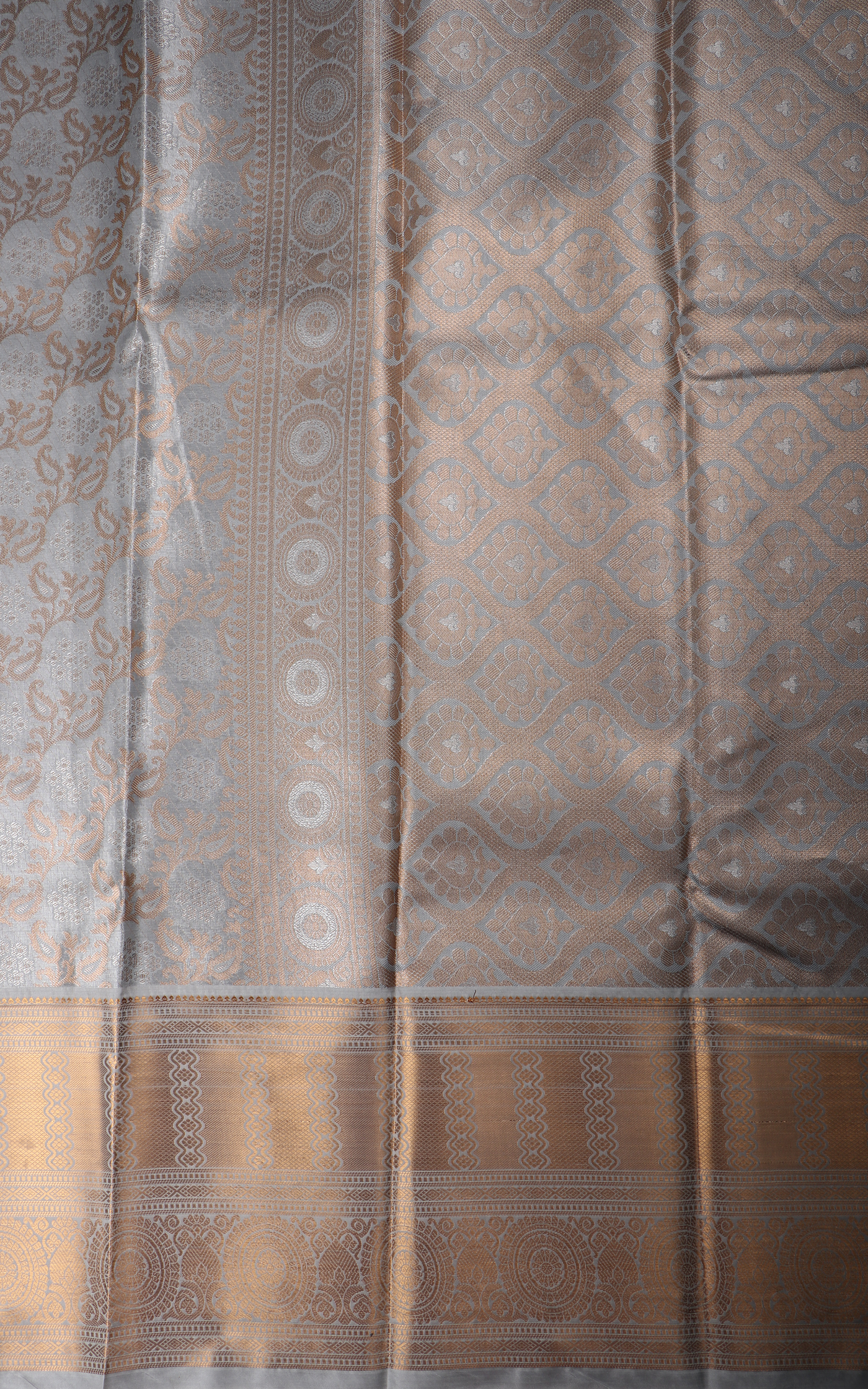 Vichitra Silk Saree Pastel Grey and Gold Shade with Allover Zari Brocade Weaves & Zari Woven Border