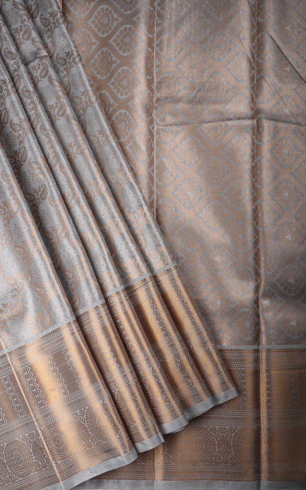 Vichitra Silk Saree Pastel Grey and Gold Shade with Allover Zari Brocade Weaves & Zari Woven Border