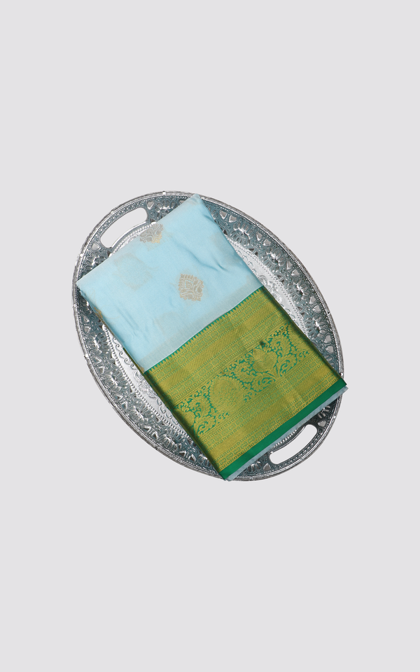 Semi Kanjivaram Silk Saree Ice Blue and Green with allover zari woven buttas & zari woven Border
