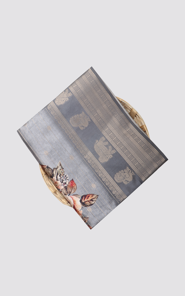 Grey Semi Tussar Saree with Digital Prints