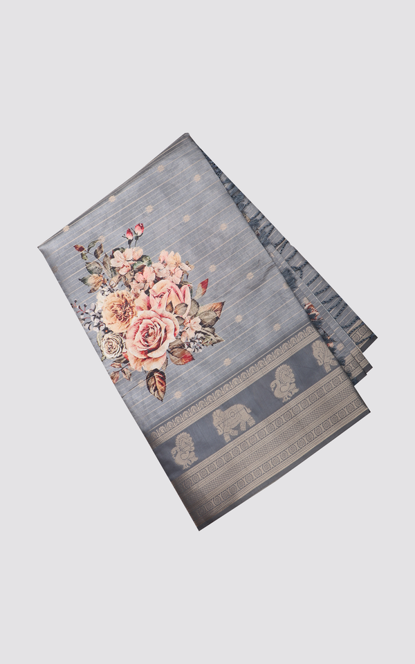 Grey Semi Tussar Saree with Digital Prints