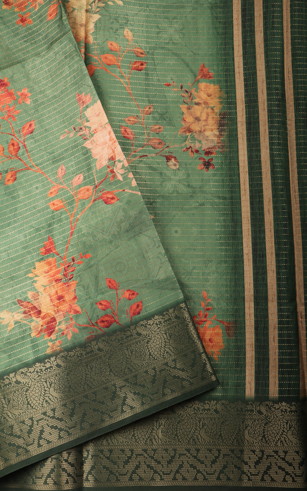 Dark Green Semi Tussar Saree with Digital Prints