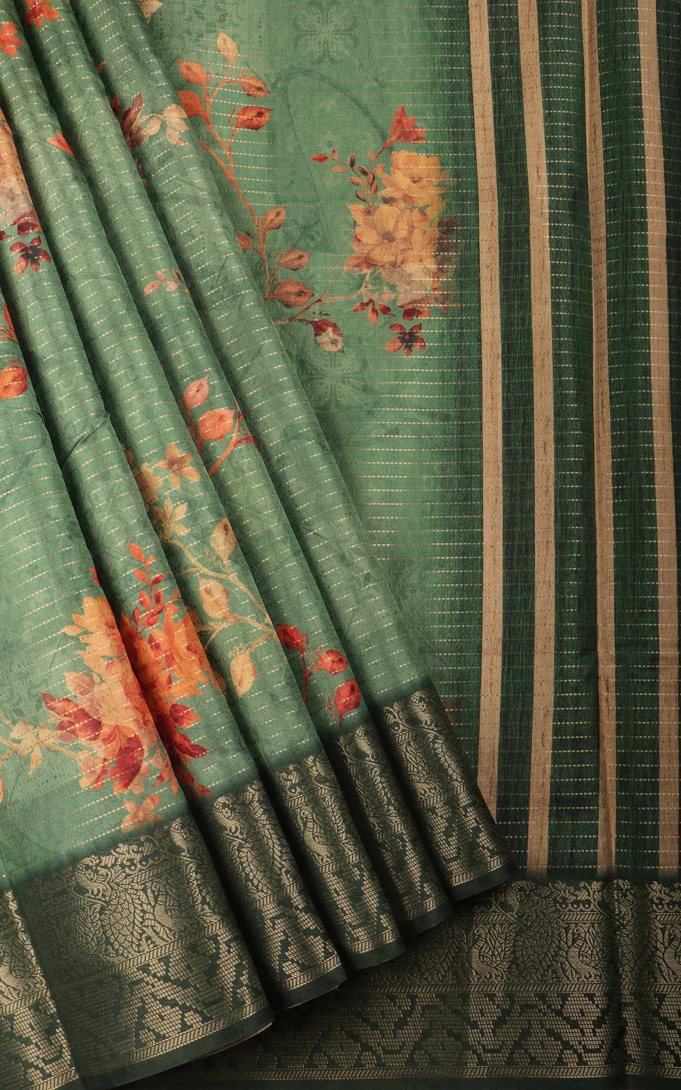 Dark Green Semi Tussar Saree with Digital Prints