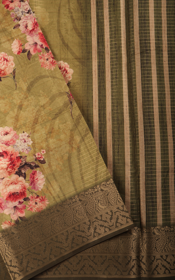 Green Semi Tussar Saree with Digital Prints