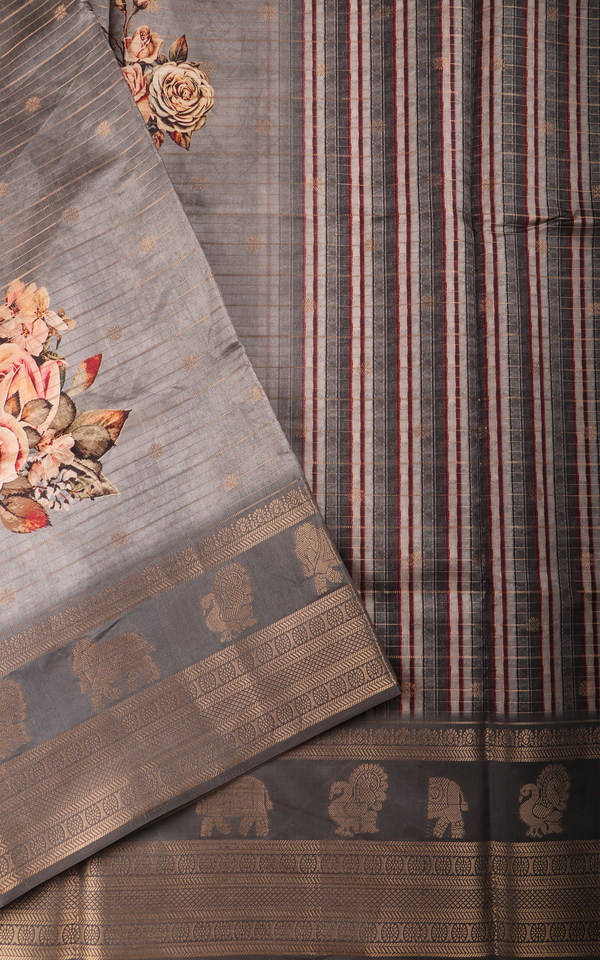 Grey Semi Tussar Saree with Digital Prints