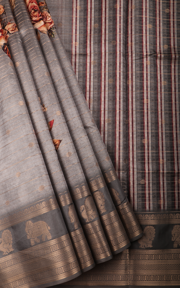 Grey Semi Tussar Saree with Digital Prints