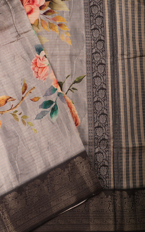 Elephant Grey Semi Tussar Saree with Digital Prints