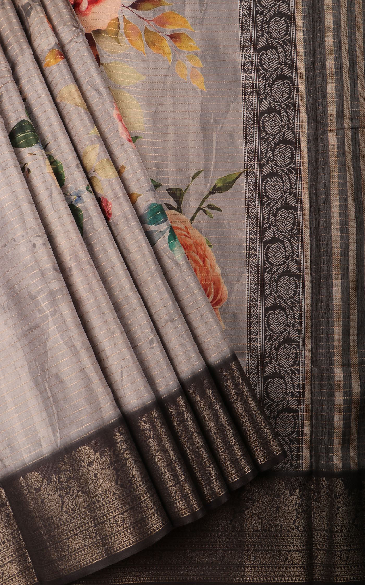 Elephant Grey Semi Tussar Saree with Digital Prints