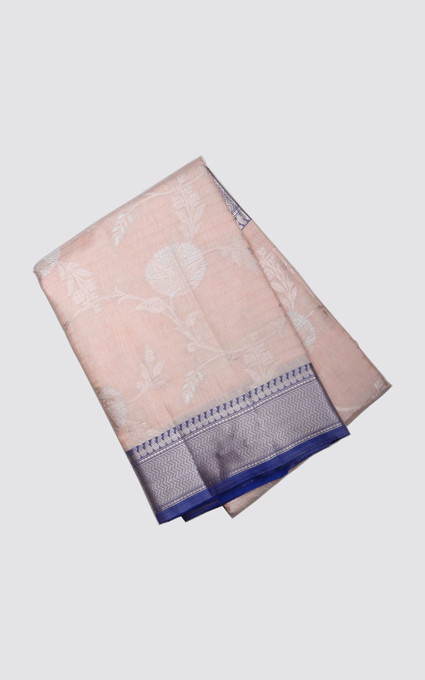 Peach and Blue Fancy Cotton Saree with Zari Waves