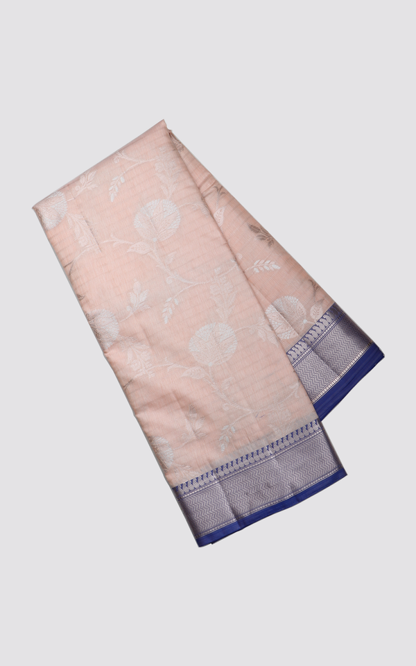 Peach and Blue Fancy Cotton Saree with Zari Waves