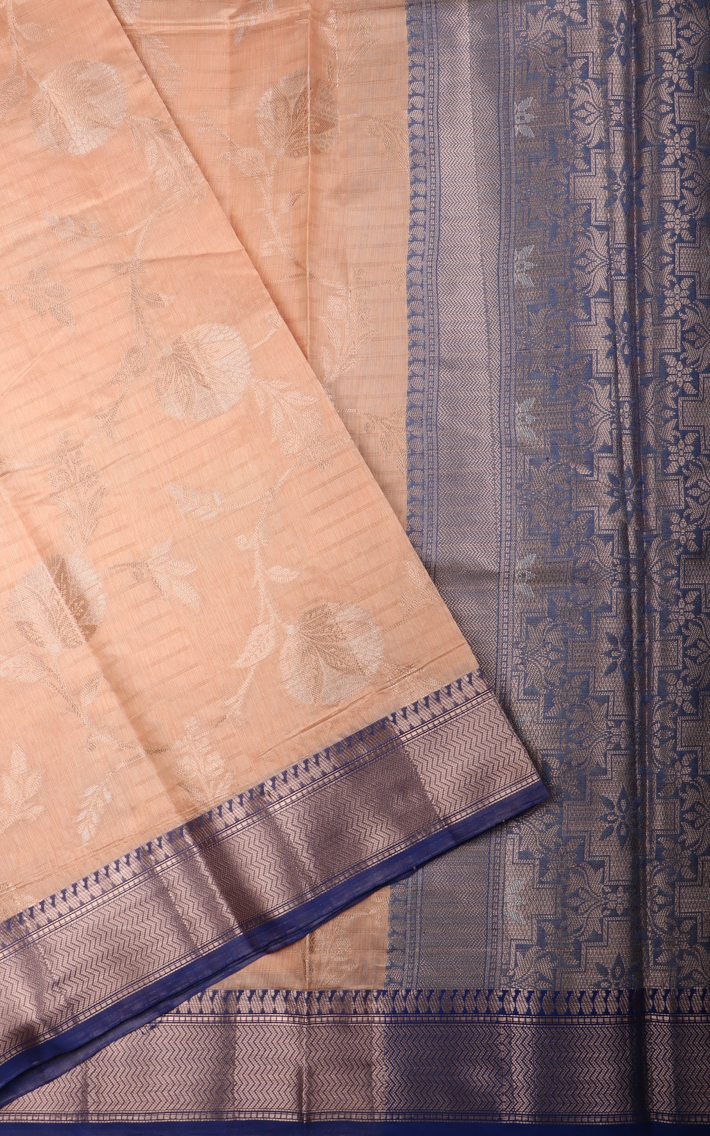 Peach and Blue Fancy Cotton Saree with Zari Waves