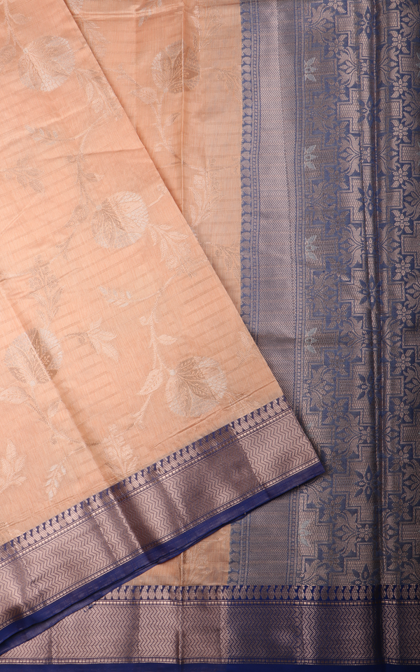 Peach and Blue Fancy Cotton Saree with Zari Waves