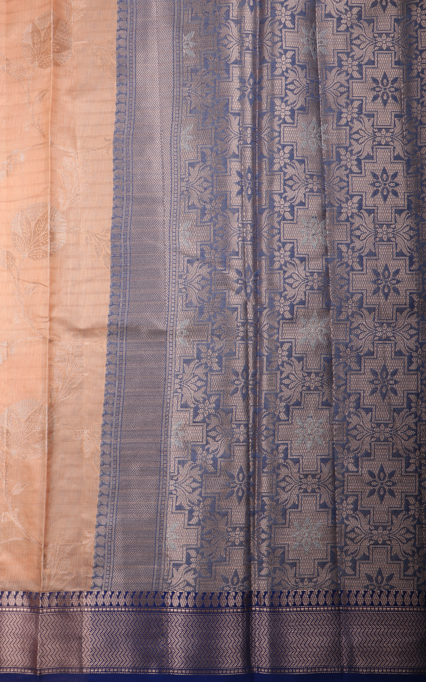 Peach and Blue Fancy Cotton Saree with Zari Waves
