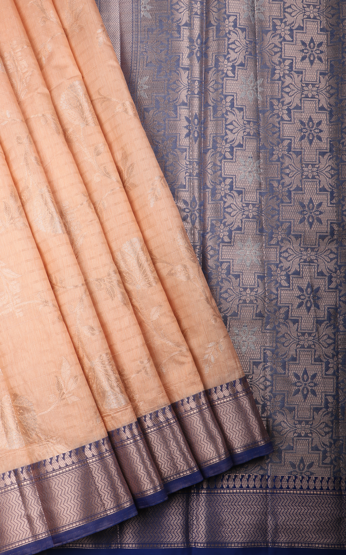 Peach and Blue Fancy Cotton Saree with Zari Waves