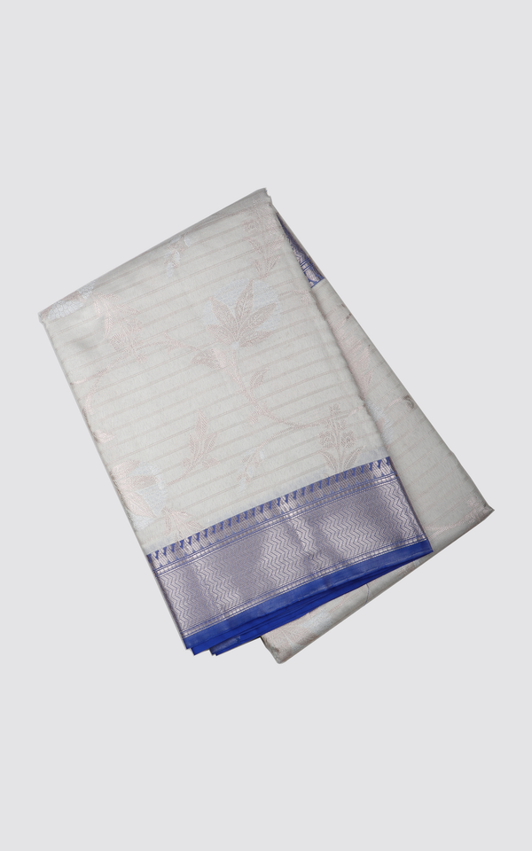 Grey and Blue Fancy Cotton Saree with Zari Waves