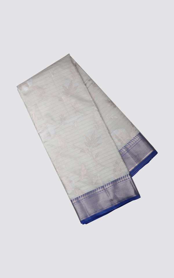 Grey and Blue Fancy Cotton Saree with Zari Waves