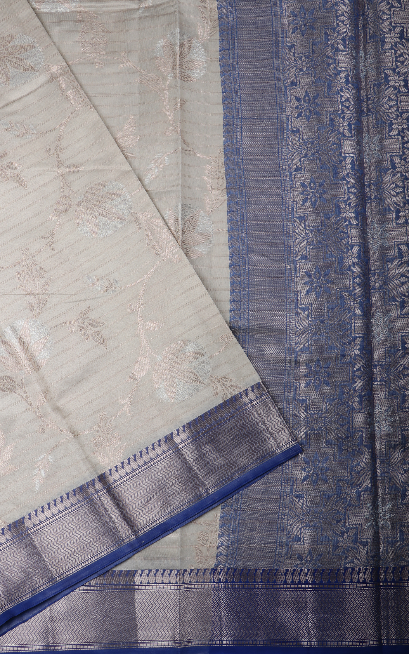 Grey and Blue Fancy Cotton Saree with Zari Waves