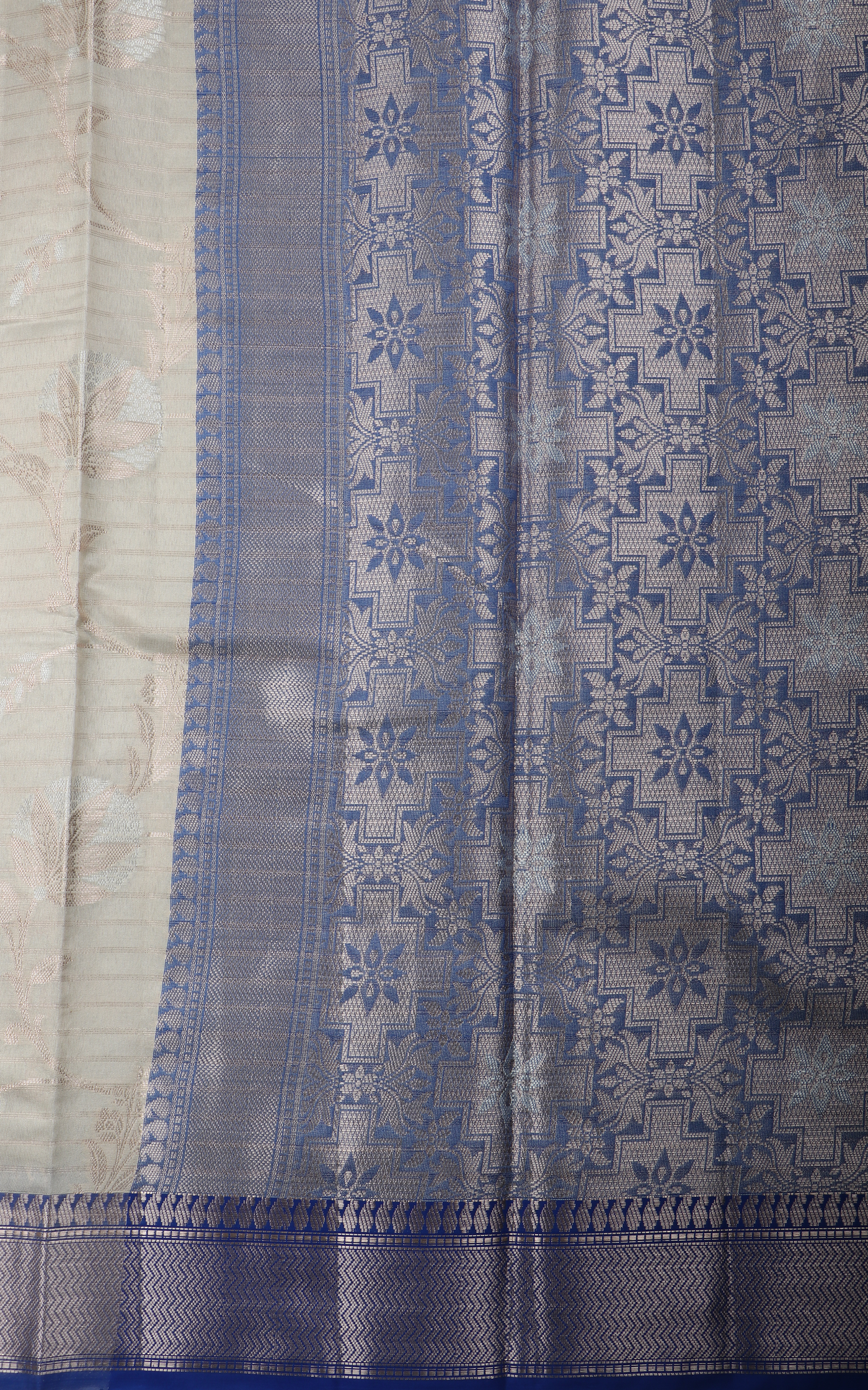 Grey and Blue Fancy Cotton Saree with Zari Waves
