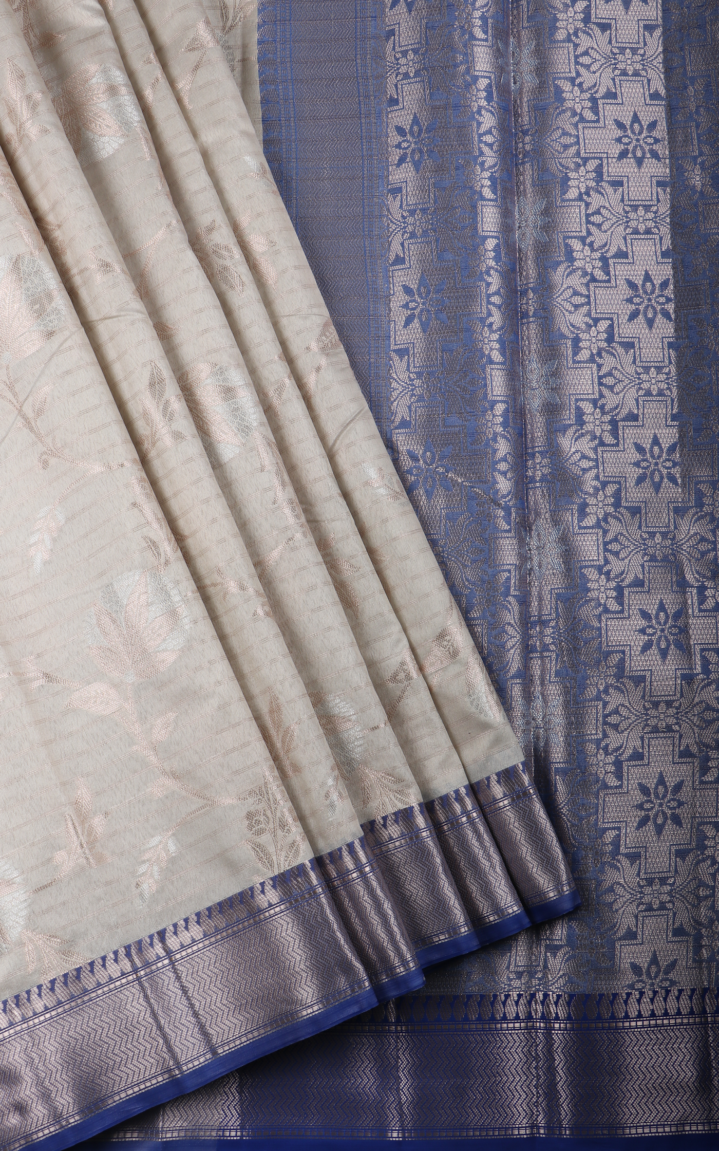 Grey and Blue Fancy Cotton Saree with Zari Waves