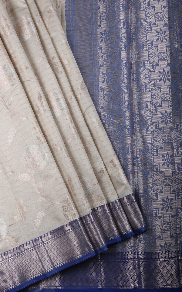 Grey and Blue Fancy Cotton Saree with Zari Waves