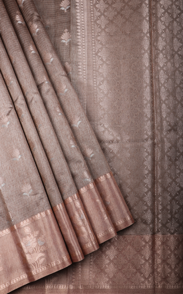 Brown Fancy Cotton Saree with Zari Woven Buttas