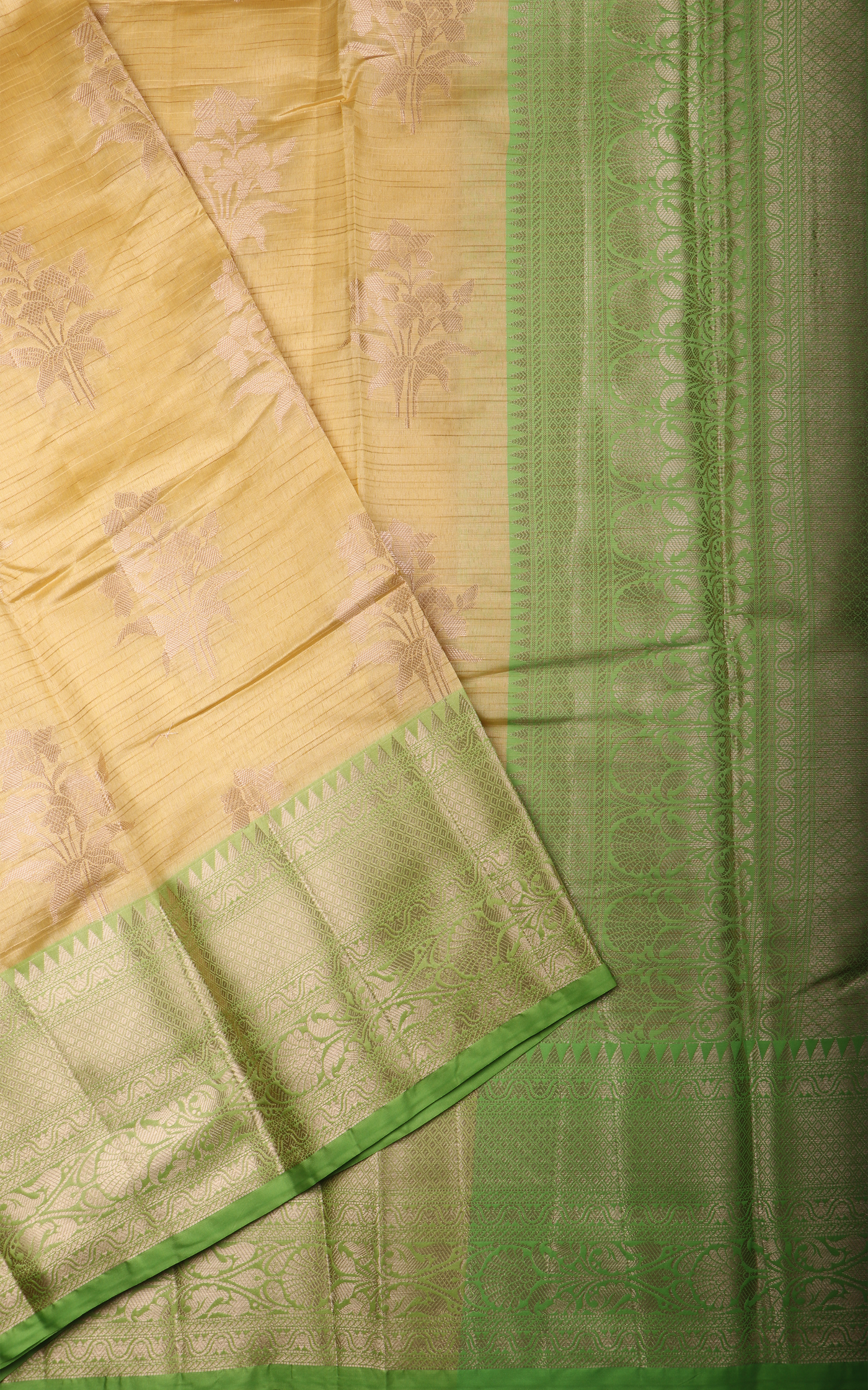 Yellow and Green Fancy Cotton Saree with Zari Woven Buttas