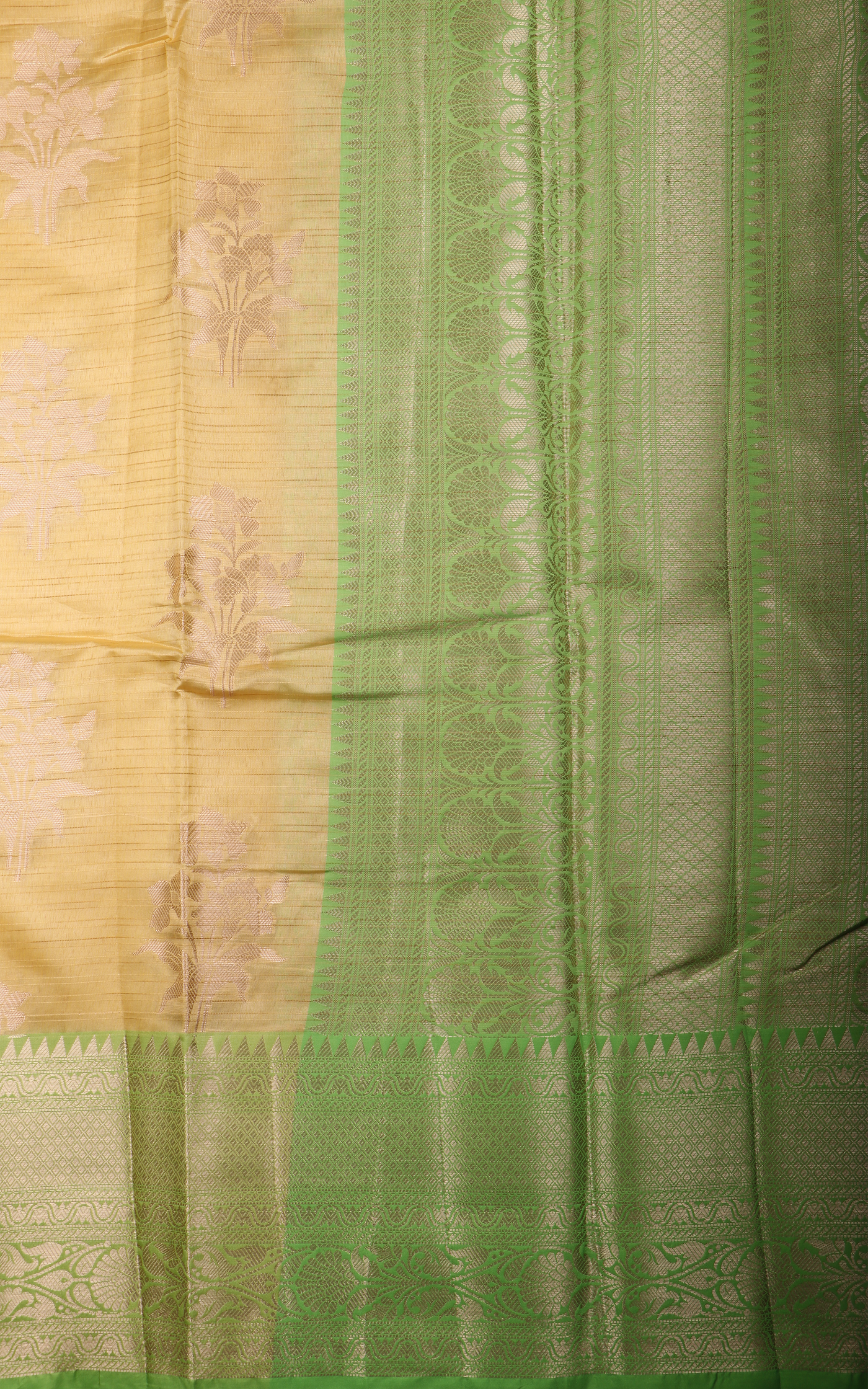 Yellow and Green Fancy Cotton Saree with Zari Woven Buttas