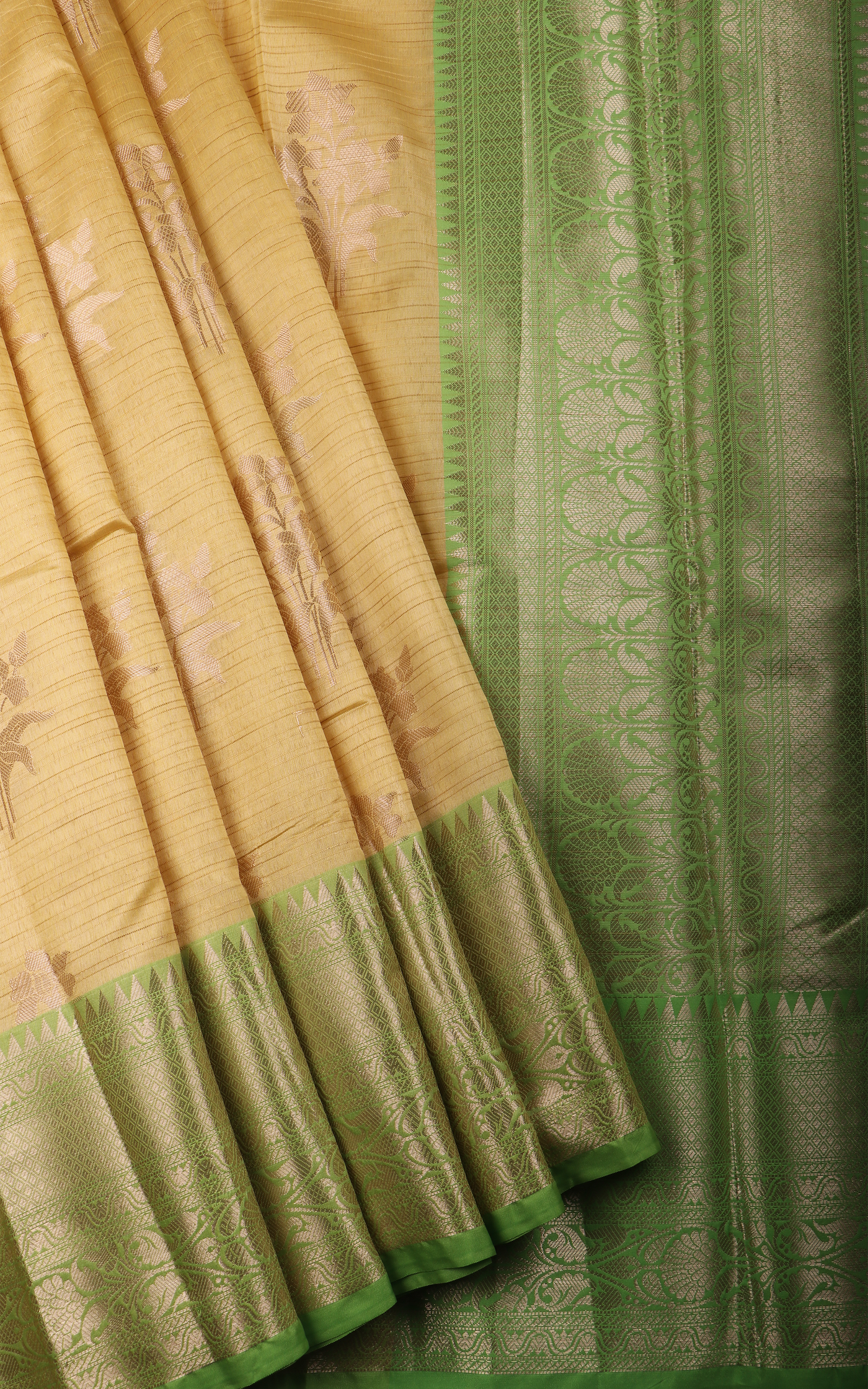 Yellow and Green Fancy Cotton Saree with Zari Woven Buttas