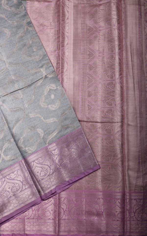 Elephant Grey and Pink Fancy Cotton Saree with Zari Waves
