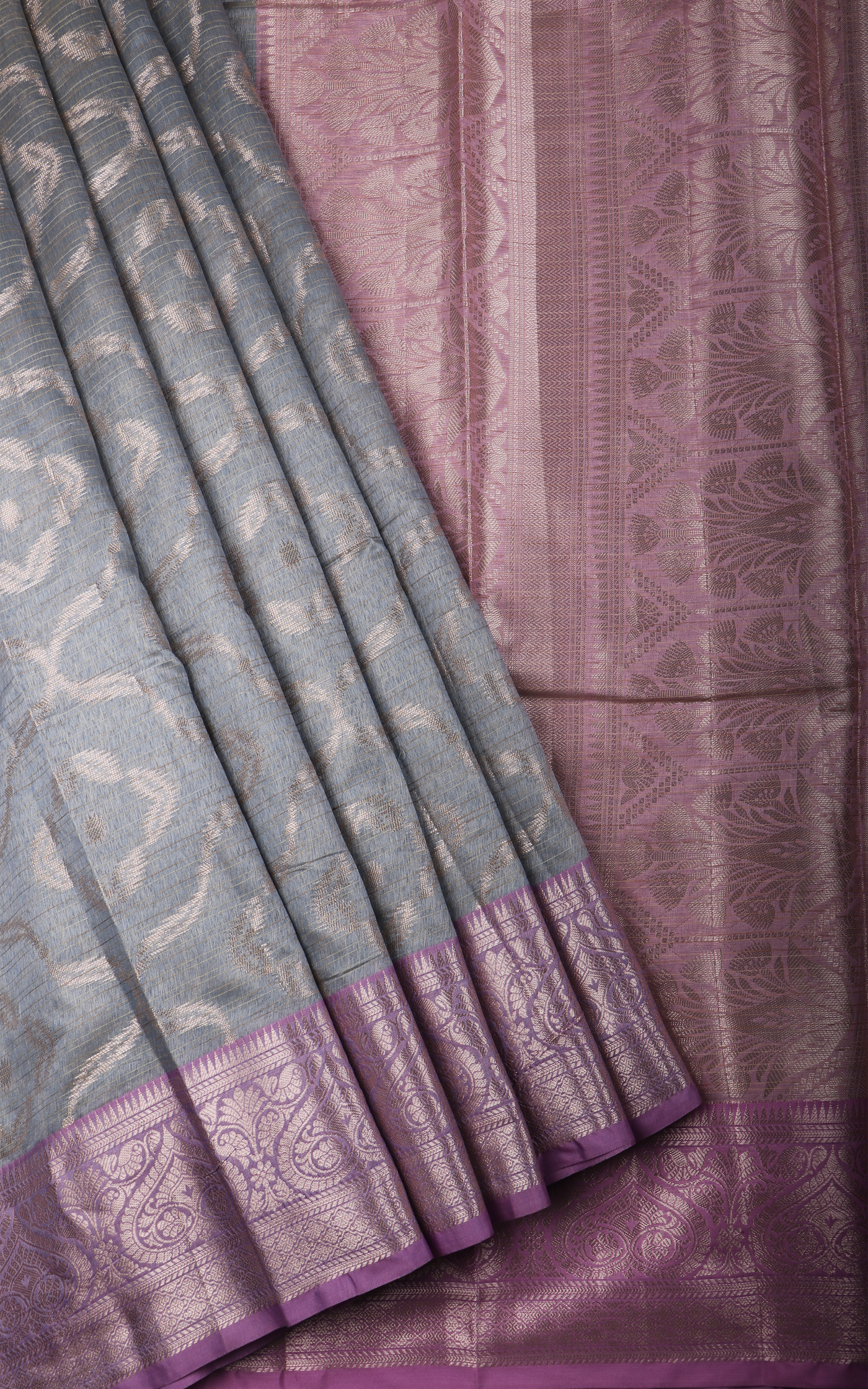 Elephant Grey and Pink Fancy Cotton Saree with Zari Waves