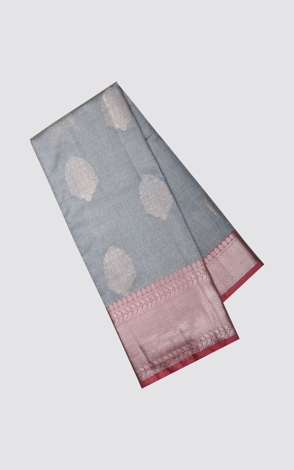 Grey and Peach Fancy Cotton Saree with Zari Woven Buttas
