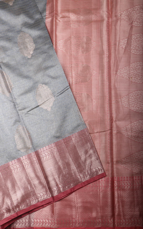 Grey and Peach Fancy Cotton Saree with Zari Woven Buttas