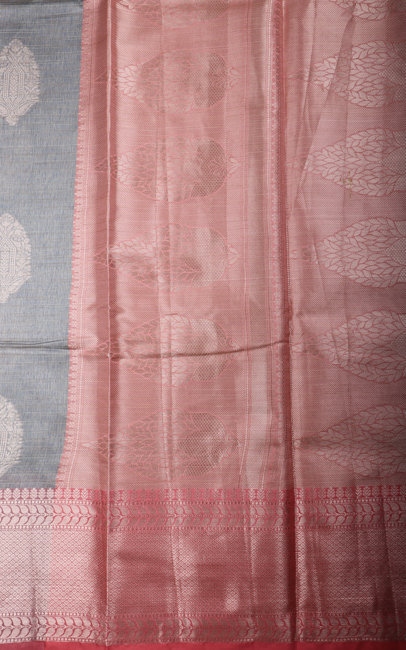 Grey and Peach Fancy Cotton Saree with Zari Woven Buttas