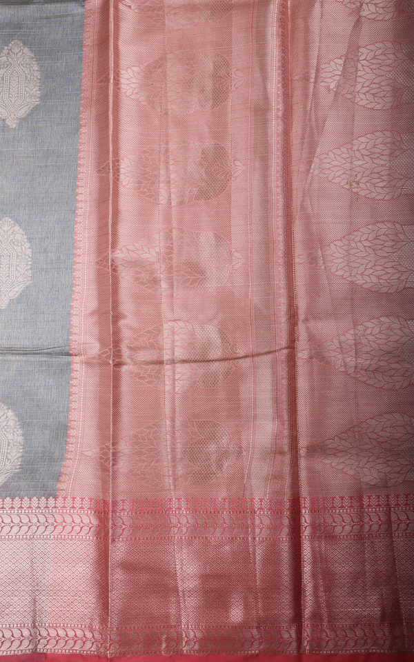 Grey and Peach Fancy Cotton Saree with Zari Woven Buttas