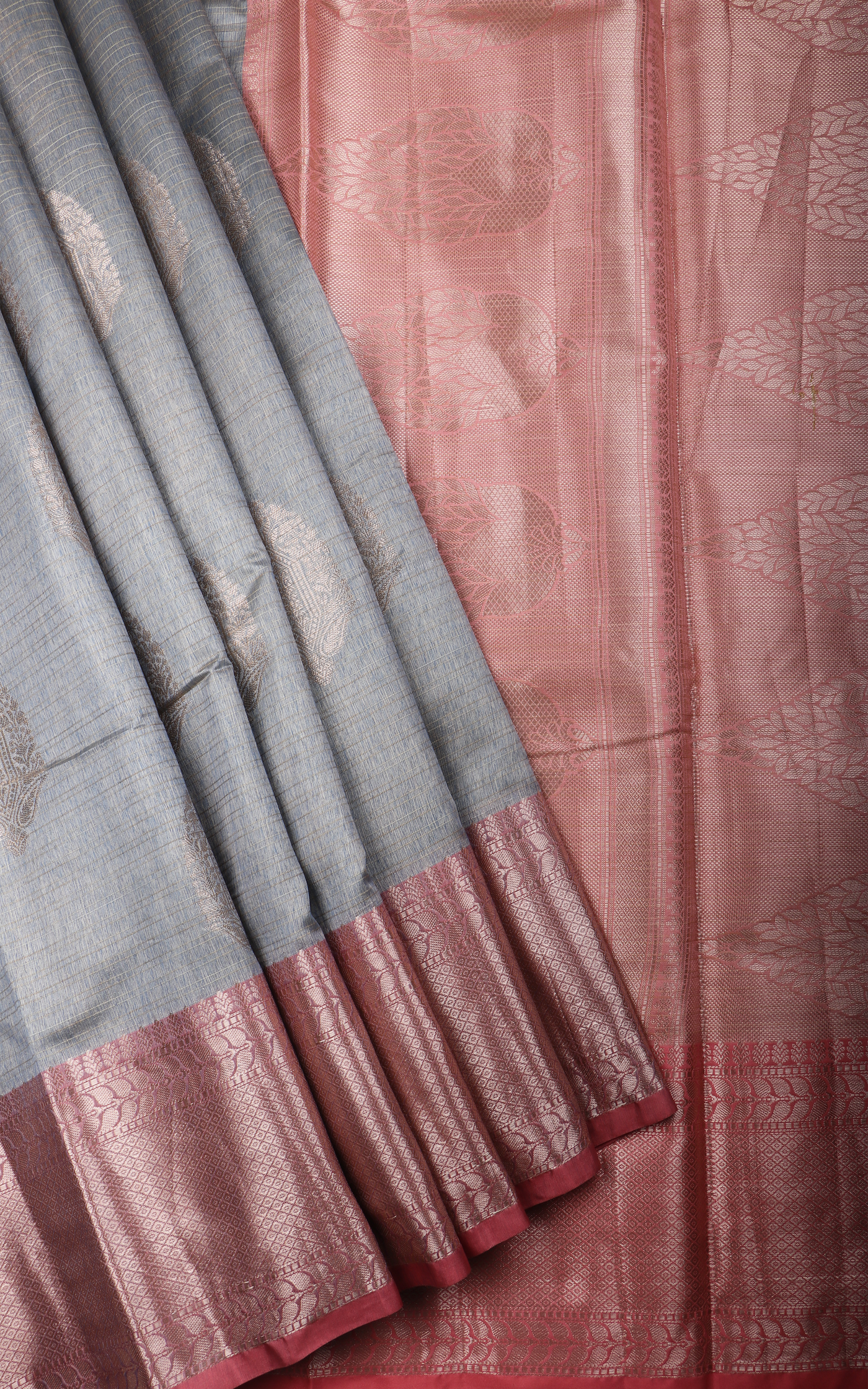 Grey and Peach Fancy Cotton Saree with Zari Woven Buttas