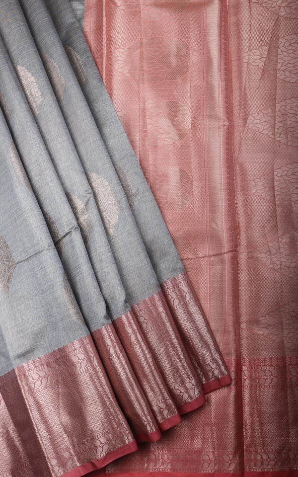 Grey and Peach Fancy Cotton Saree with Zari Woven Buttas