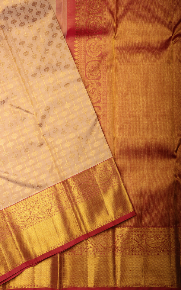 Beige and Red Pure Silk Saree